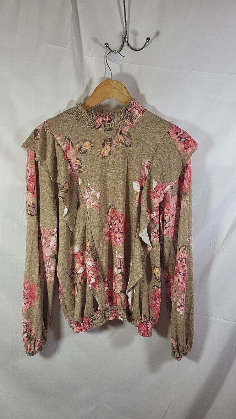 Whimsy Cottagecore Maurices Floral Ruffle Mock Neck Smocked Hem Long Sleeve Top,